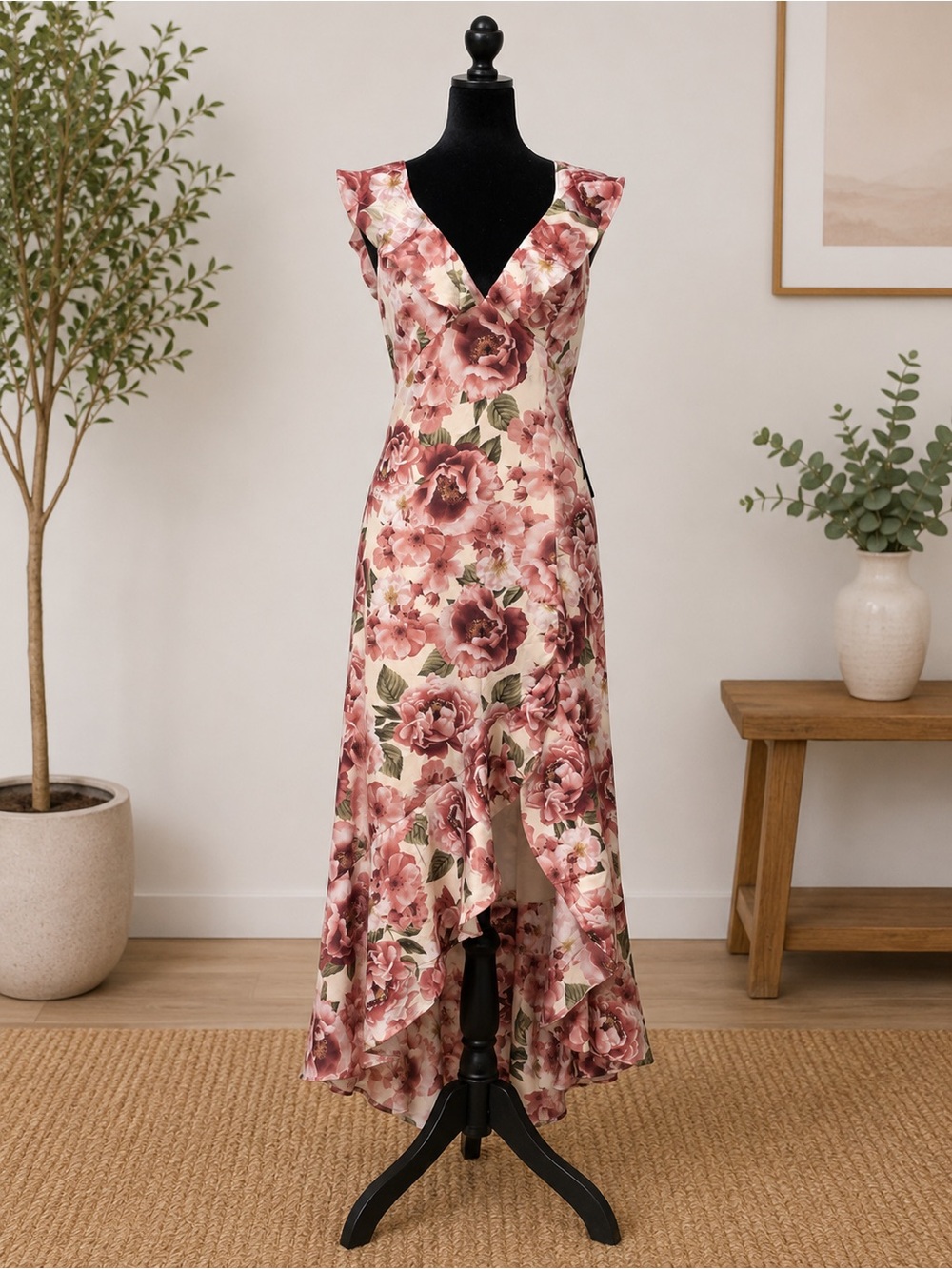 Express Floral Ruffle High-Low Dress in Blush and Green